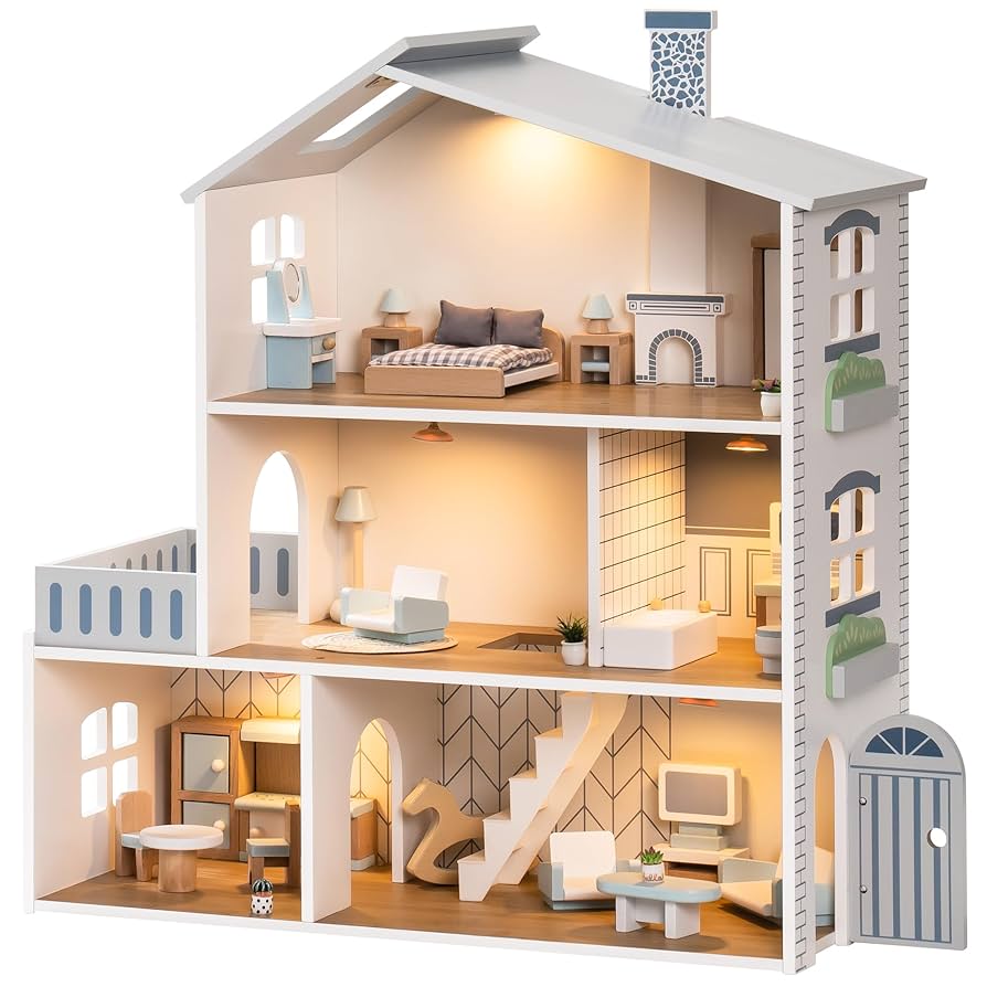 ドールハウス Amazon.com: ROBUD Doll House, Wooden Dollhouse with 6 Rooms